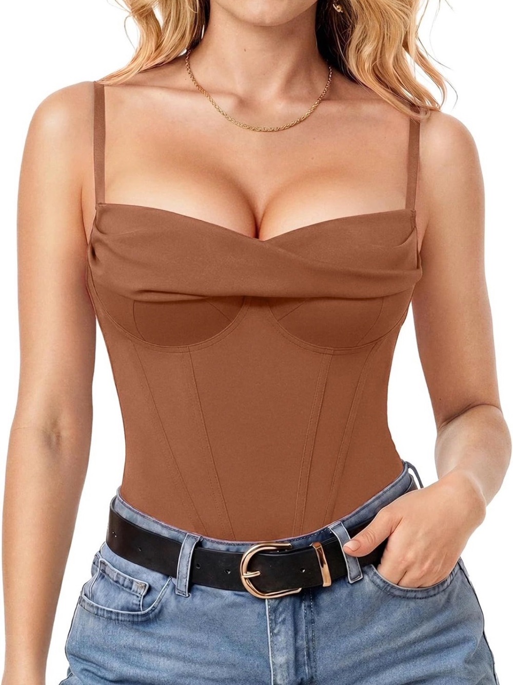Popilush Shaping Brown Corset-Style Bodysuit with Adjustable Straps
